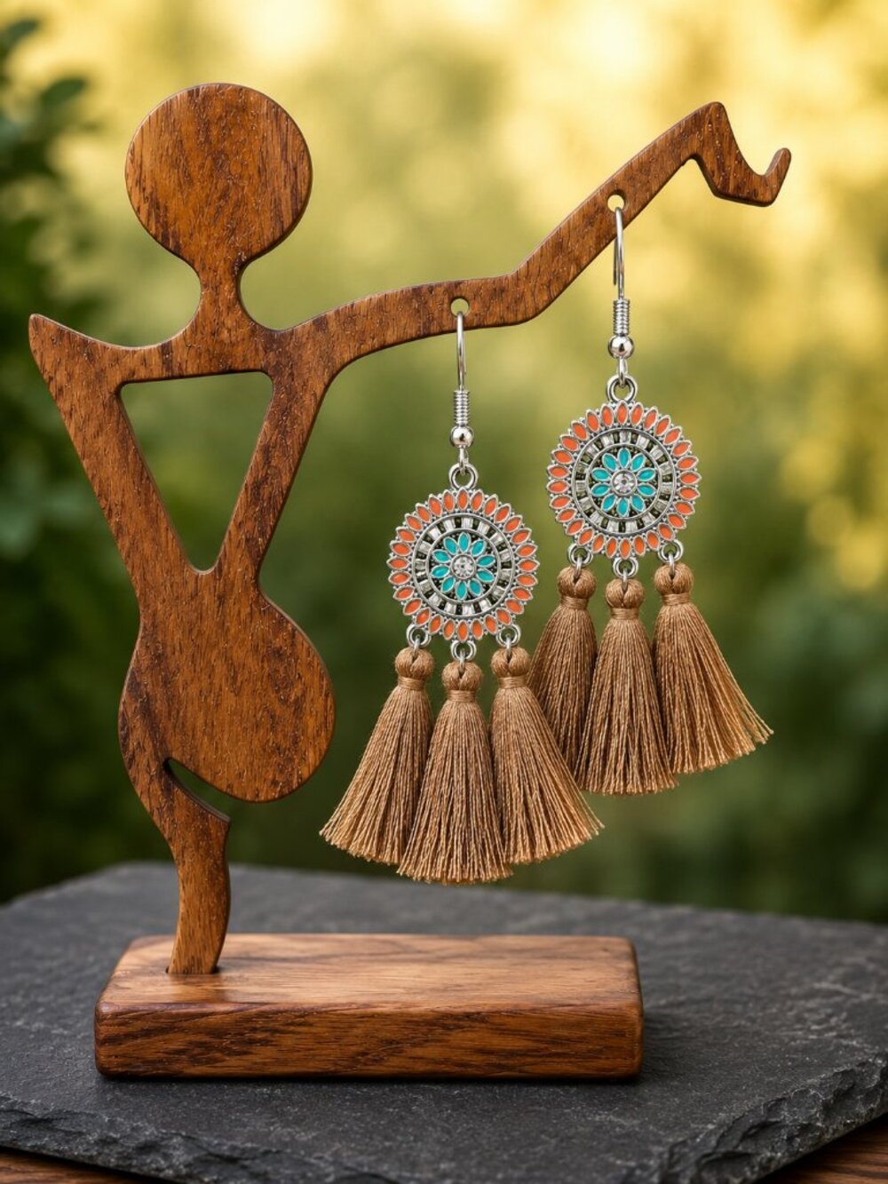 Bohemian Flower Tassel Fringe Drop Earrings Tan - Picture 4 of 6